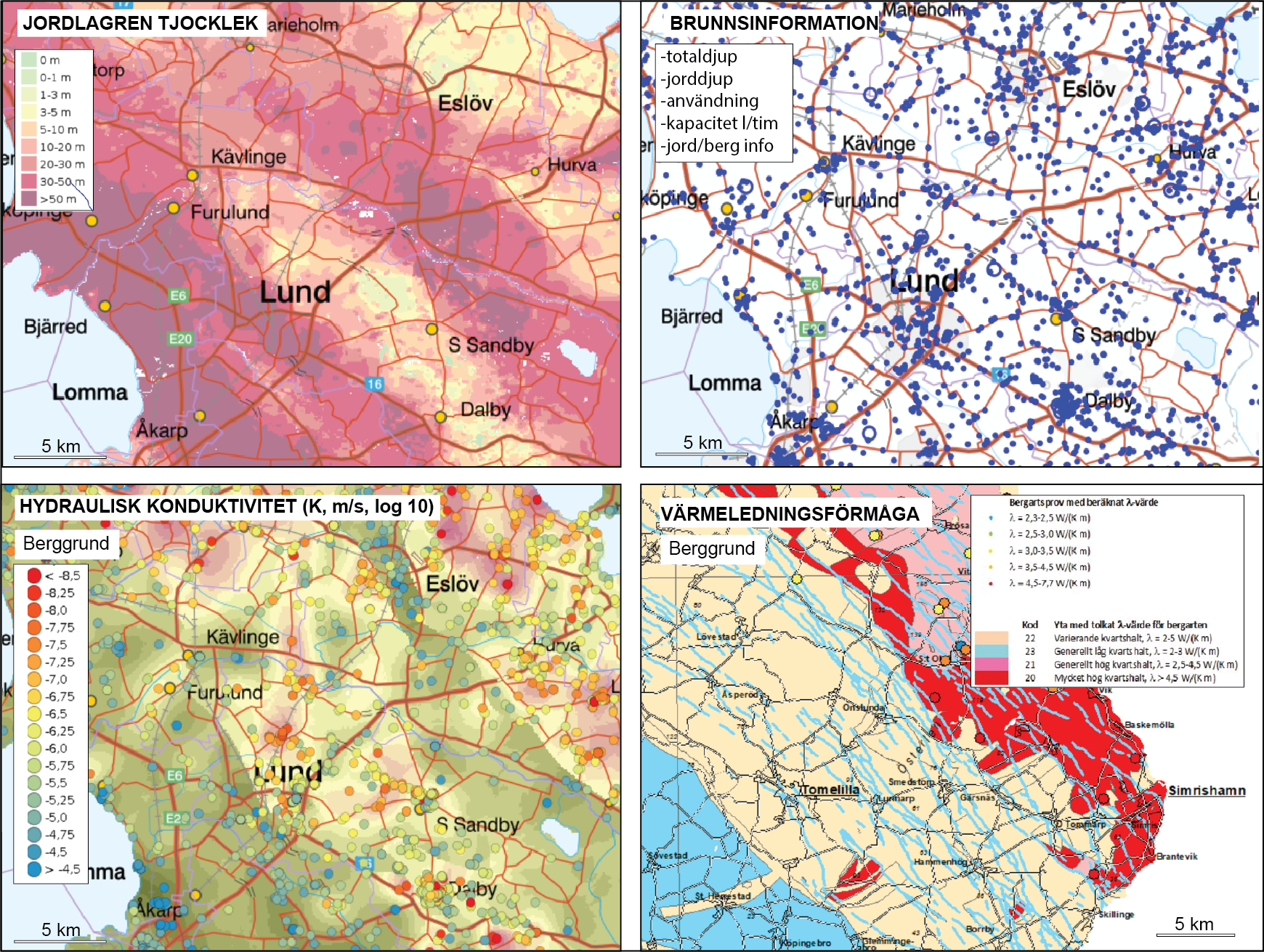 Exempel på geologisk information från Sveriges geologiska undersökning som kan vara viktig för bedömning av borrning och utformning av anläggning för ytnära geotermi. Merparten av informationen finns idag även tillgänglig via SGUs mobilapplikation 